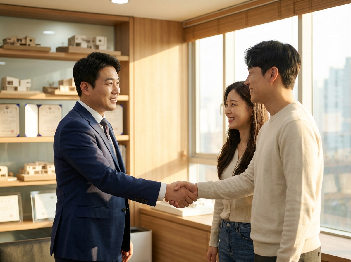 한강 부동산 전문 중개사가 고객과 상담하는 모습